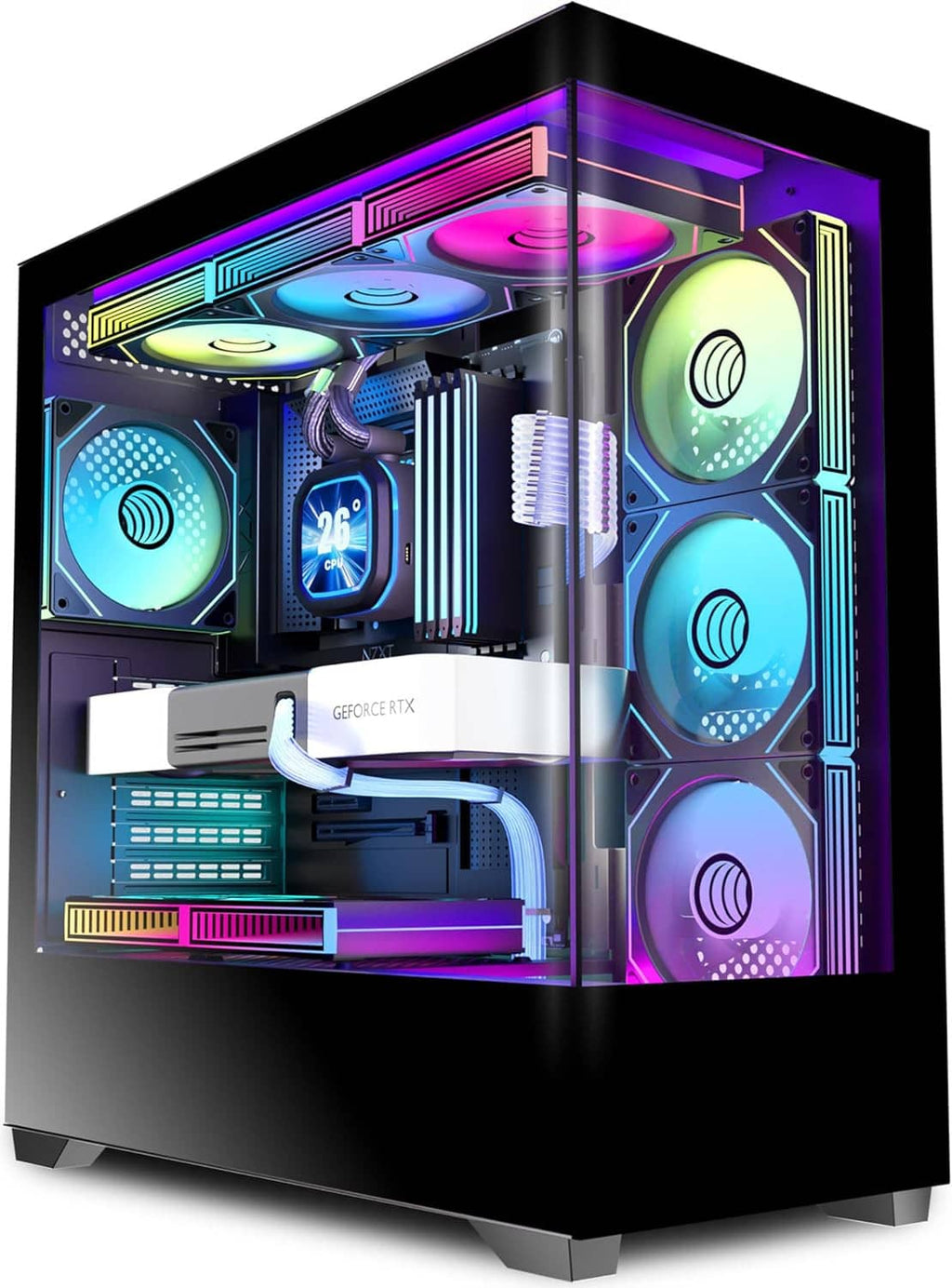 Black ATX mid-tower PC case with tempered glass side and purple/multicolor ARGB fans