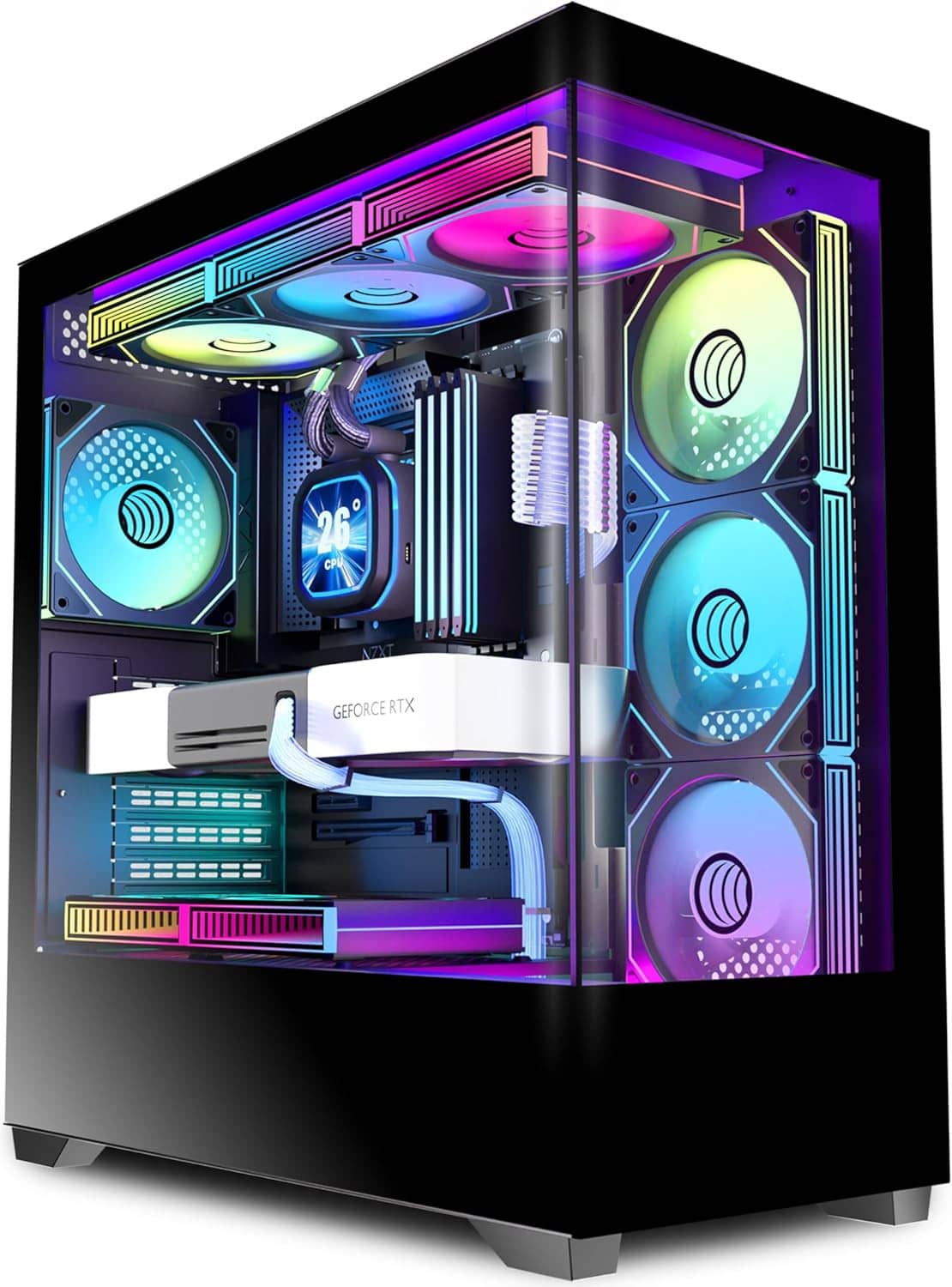 Black ATX mid-tower PC case with tempered glass side and purple/multicolor ARGB fans