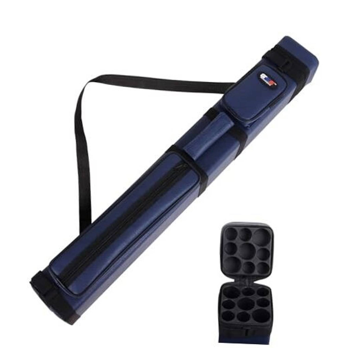 Blue hard pool cue case for 3 sticks with black end caps and carrying strap