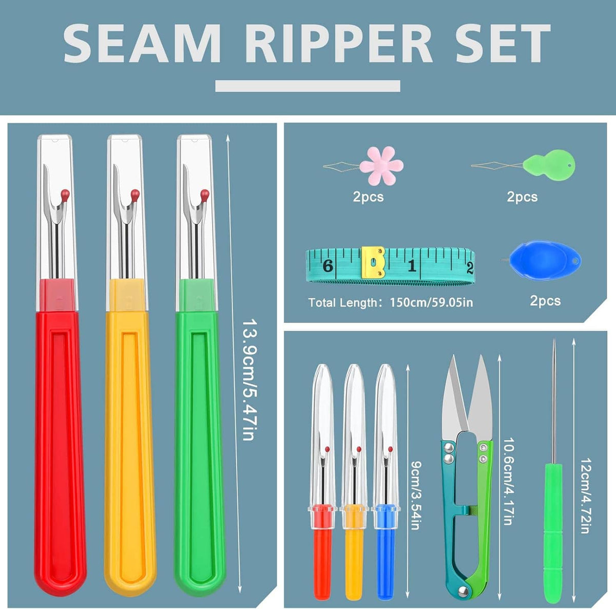 Seam ripper set in blister packaging with seam rippers, threaders, and tape measure