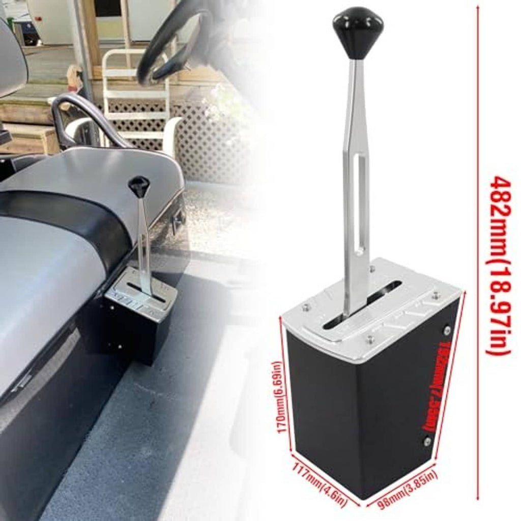 Golf cart forward-reverse shifter assembly mounted on dashboard, silver handle