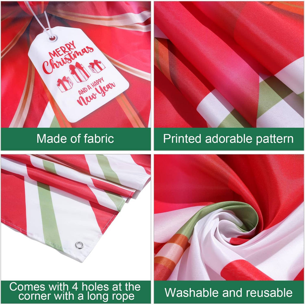 Close-up of red and green striped fabric panel with reinforced corner grommets
