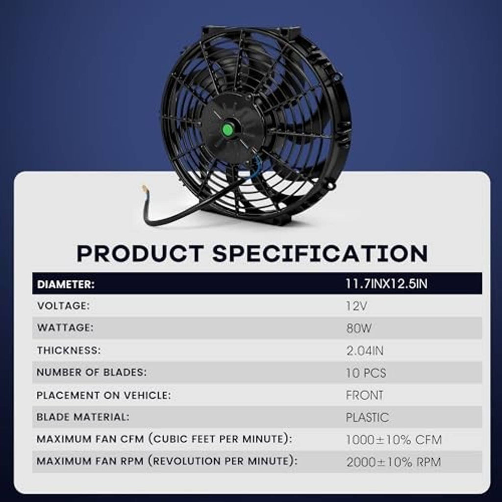 12-inch radiator cooling fan with black housing and attached power cable