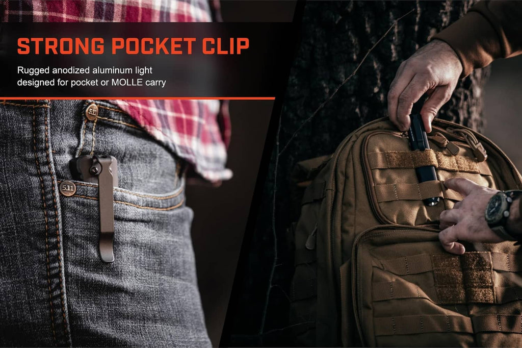 Rechargeable EDC flashlight with strong pocket clip, shown attached to gear