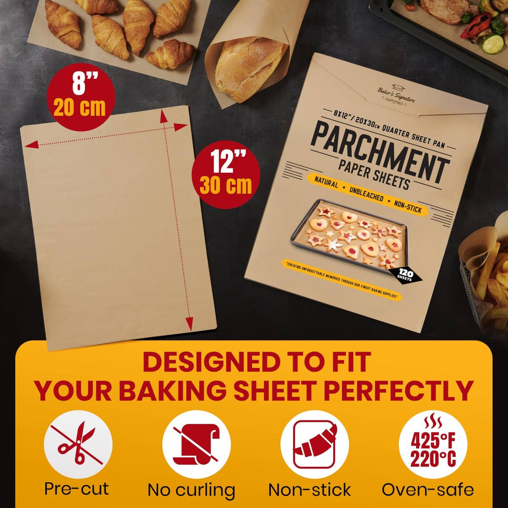 Natural brown quarter-sheet parchment paper with pre-cut sheet and product package