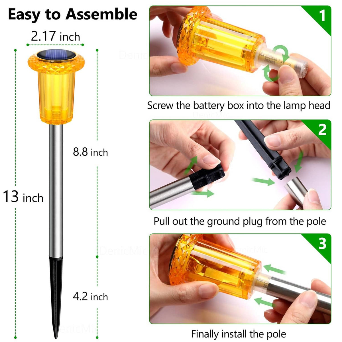 Assembled solar spike light with clear amber lamp head, stainless pole, ground plug