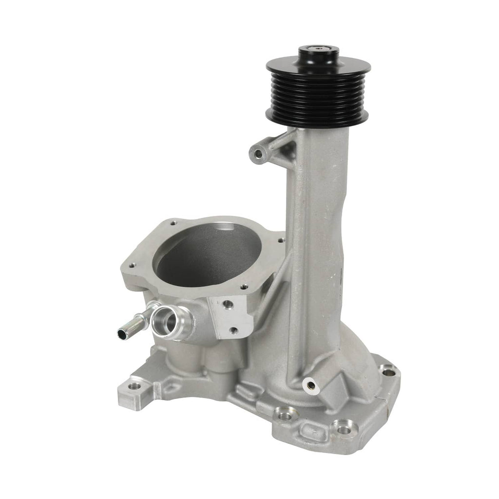 Supercharger snout metal housing with black pulley and side ports for fittings
