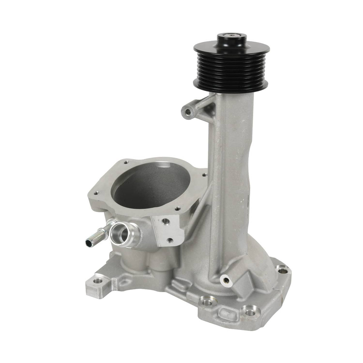 Supercharger snout metal housing with black pulley and side ports for fittings