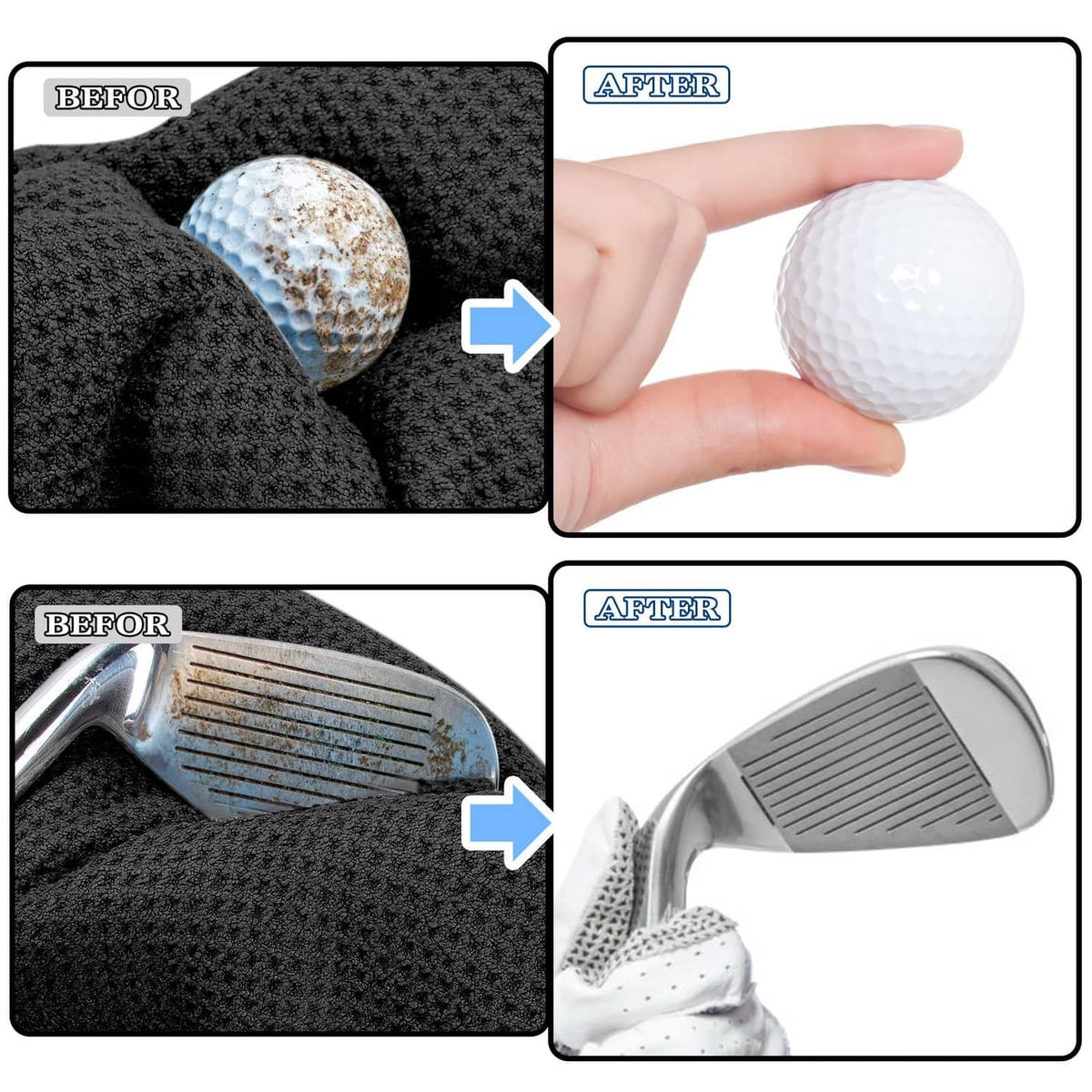 Golf towel and club brush cleaning a golf ball and club face, shown as before/after