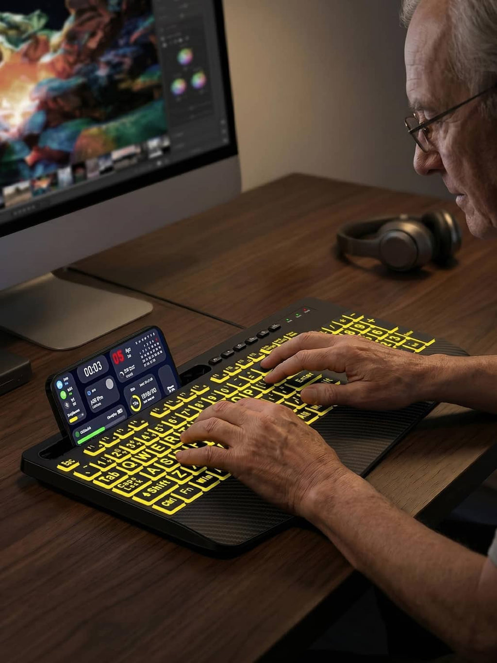 Hands typing on black backlit wired keyboard with yellow glow keys