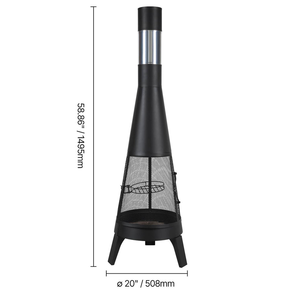 Outdoor chiminea firepit with stainless chimney and black mesh body on three legs