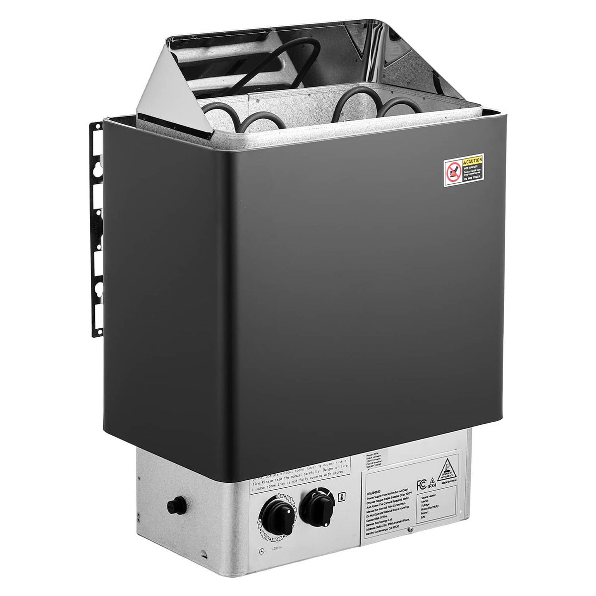 Three-quarter view of electric sauna heater with stone basket and control knobs