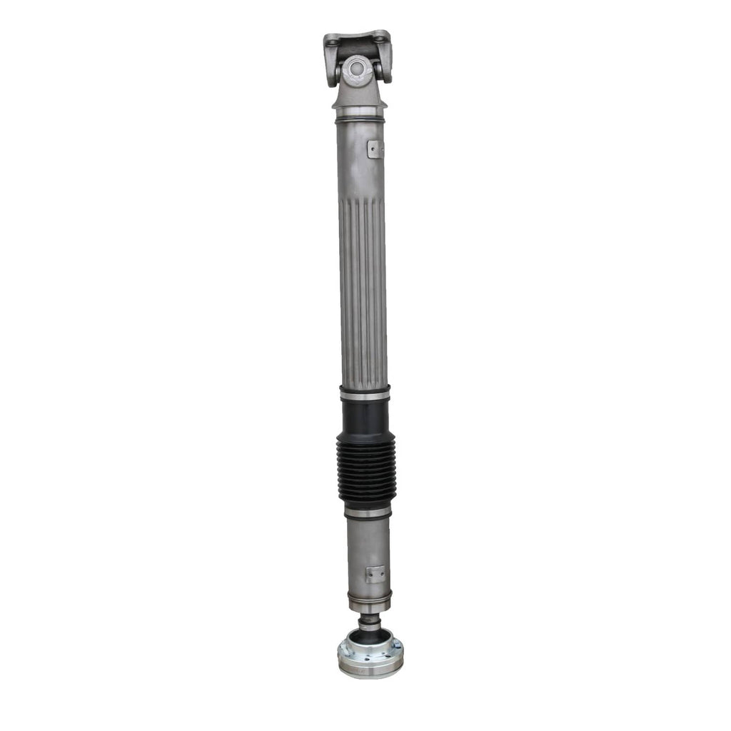 Front driveshaft with rubber boot section and mounting end flange, silver metal body