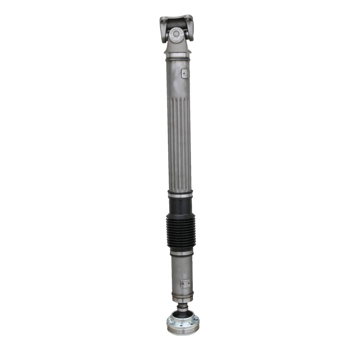 Front driveshaft with rubber boot section and mounting end flange, silver metal body
