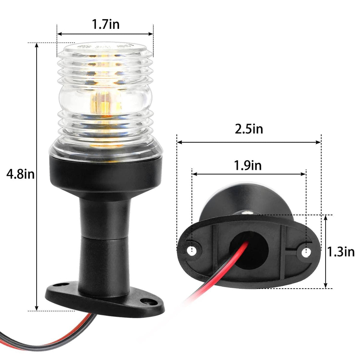 Marine LED navigation light with black base, clear lens, and red/black wire leads