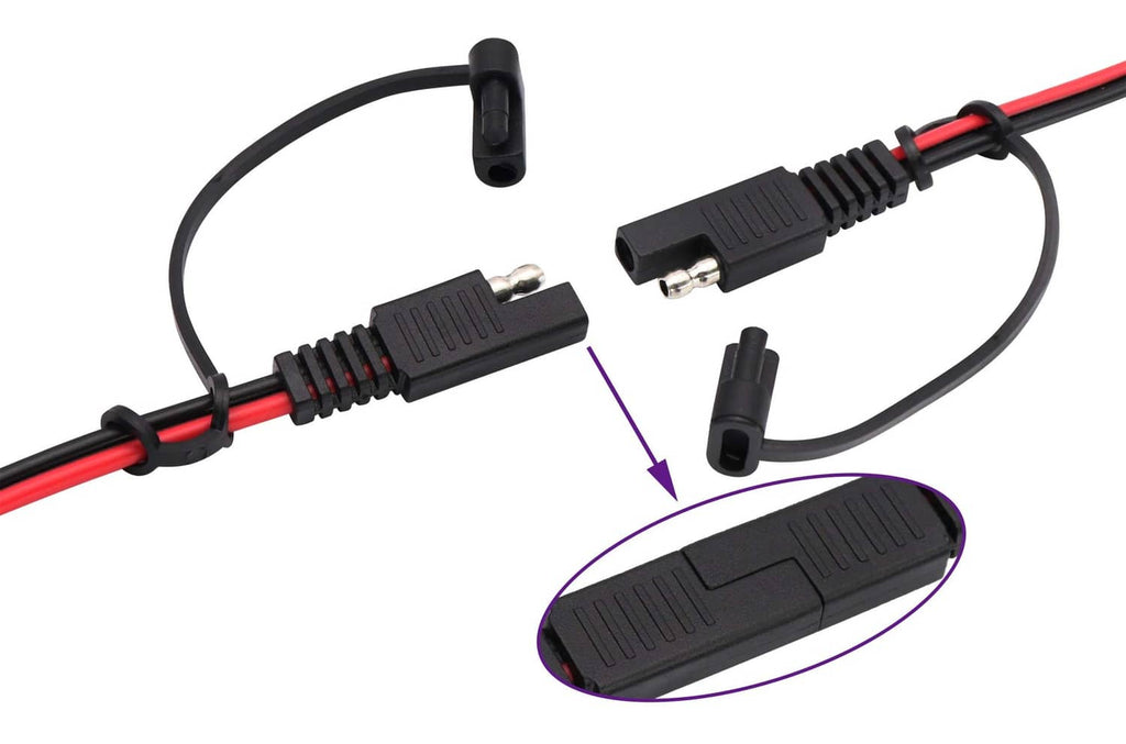 SAE battery extension cable with two-pole plug connectors and inline coupler