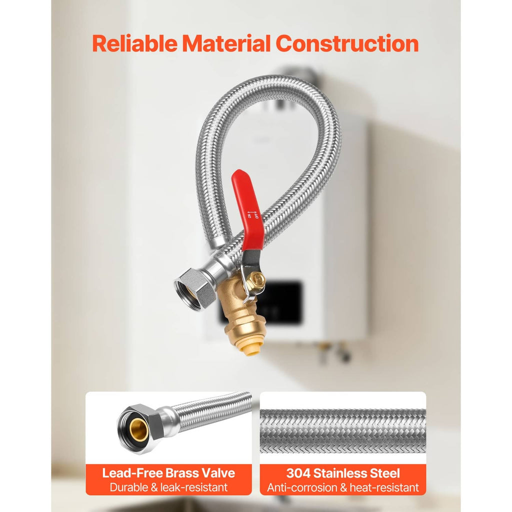 Braided stainless hose end with brass ball valve and push-fit style connector fittings