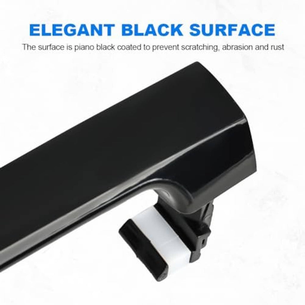 Black exterior door handle with glossy surface and mounting base