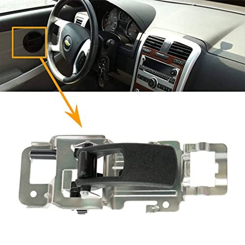 Interior door handle latch mechanism in silver metal with black textured grip