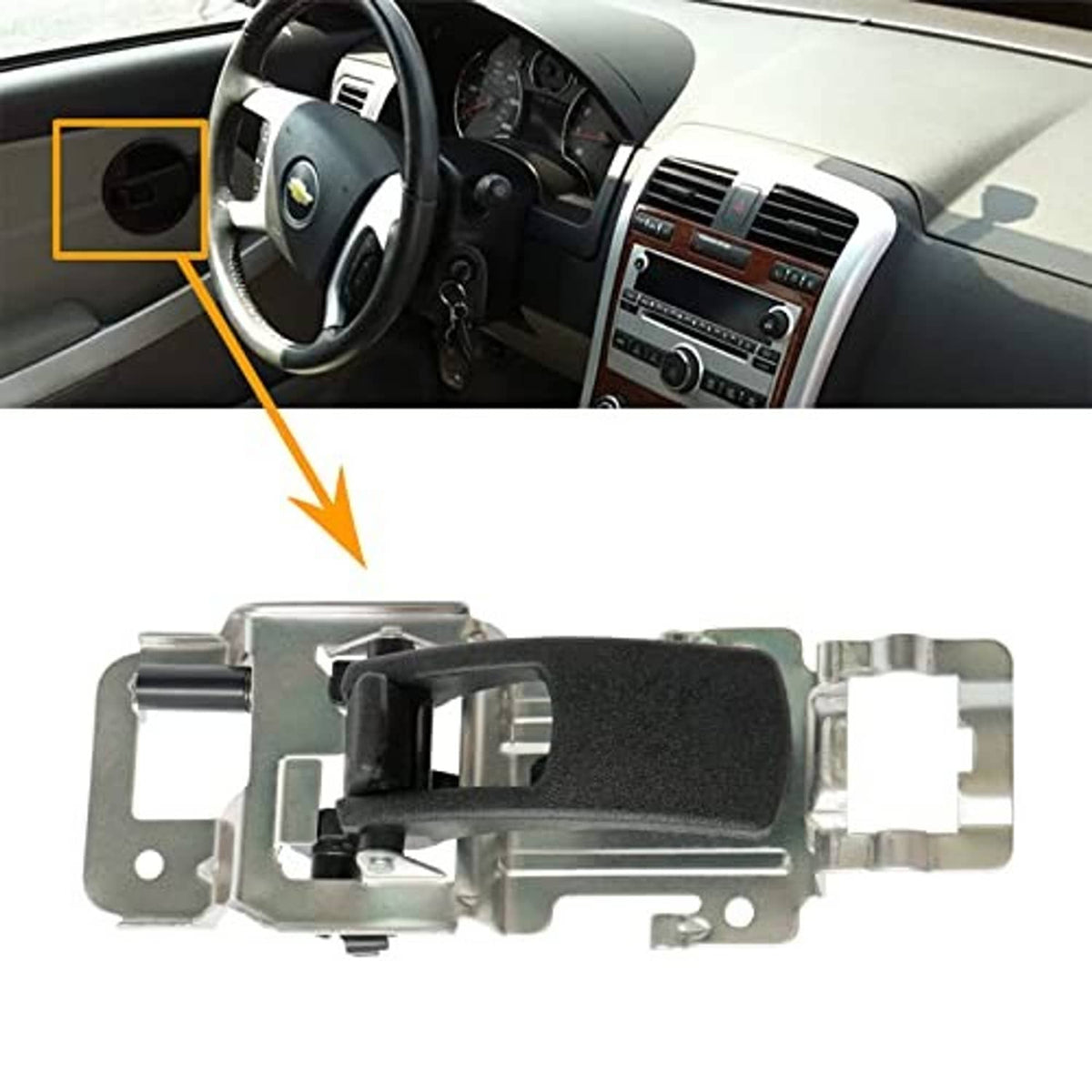 Interior door handle latch mechanism in silver metal with black textured grip