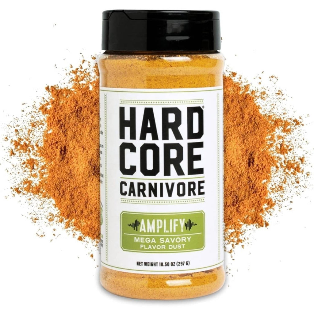 Hardcore Carnivore Amplify mega savory seasoning bottle with orange powder burst