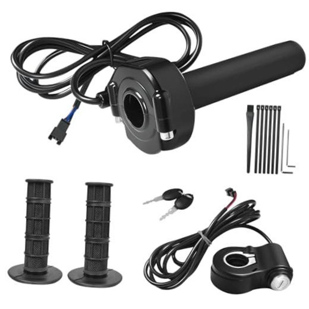 Full-twist throttle grip kit with ignition switch, black handlebar grips and wiring