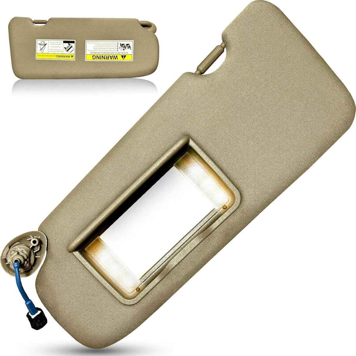 Beige left driver sun visor with vanity mirror window and connector harness