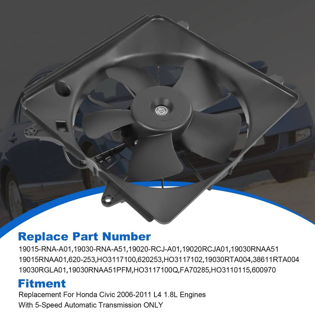 Radiator cooling fan assembly close-up with black shroud, blades, and motor hub