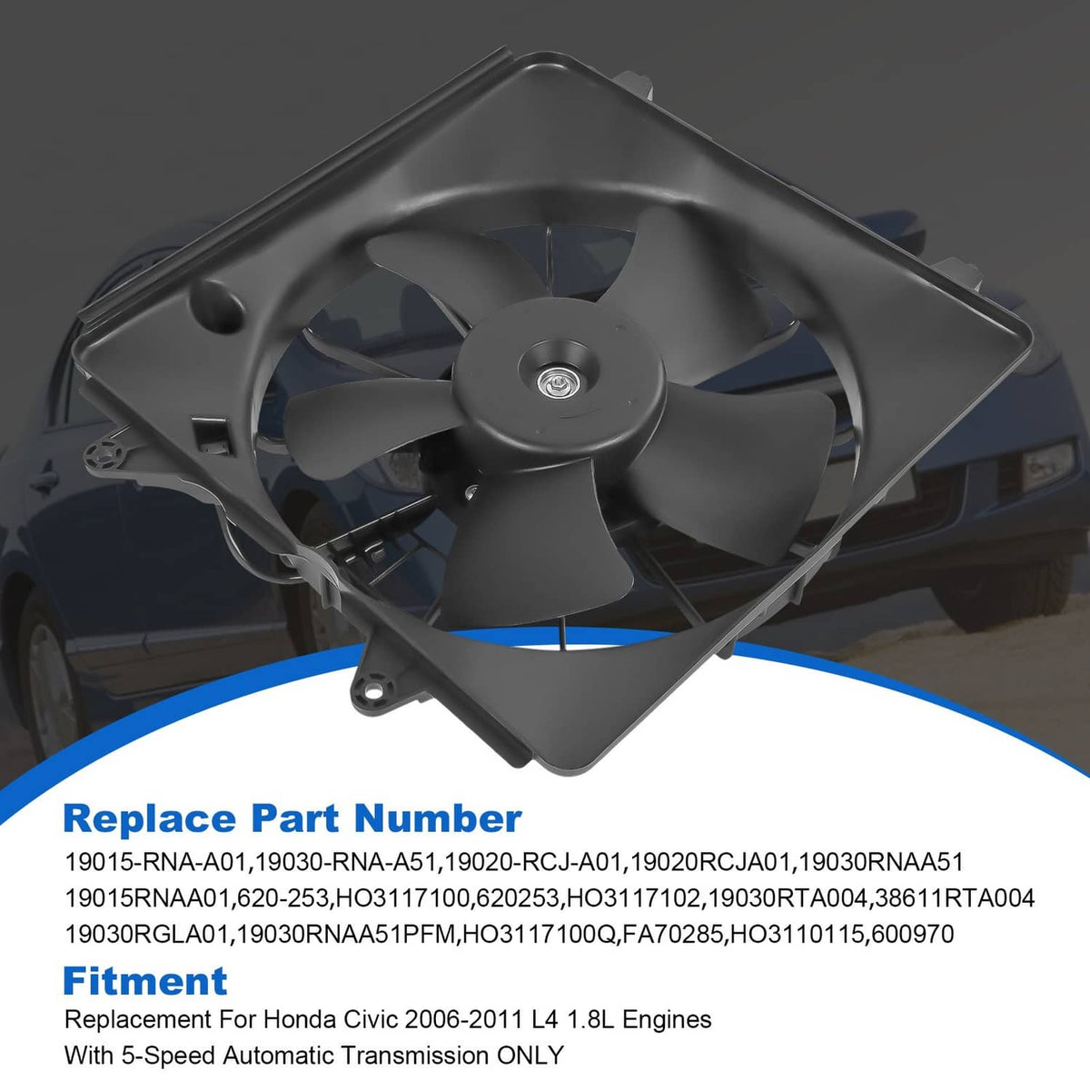 Radiator cooling fan assembly close-up with black shroud, blades, and motor hub