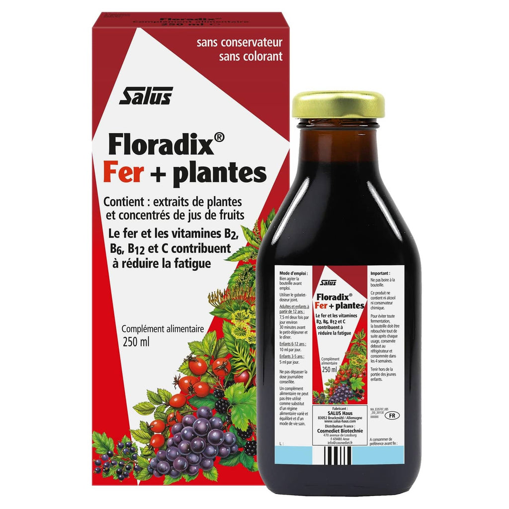 Liquid iron supplement bottle next to red carton, 250 ml