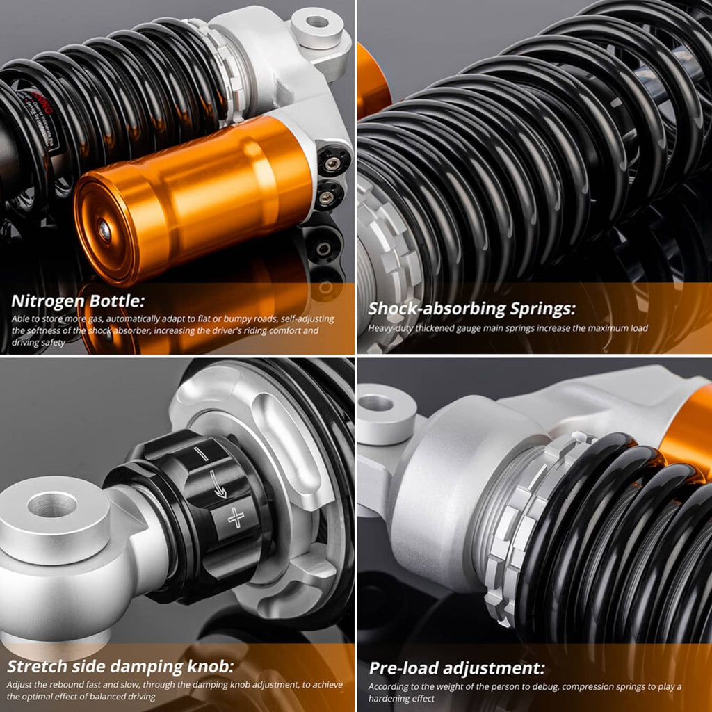 Front air shock absorbers with orange reservoirs, black springs, and side damping knobs