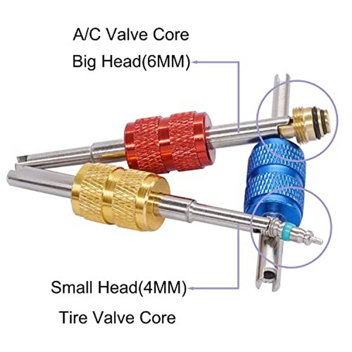 A/C valve core set with red and blue caps and brass core insert, plus remover tool