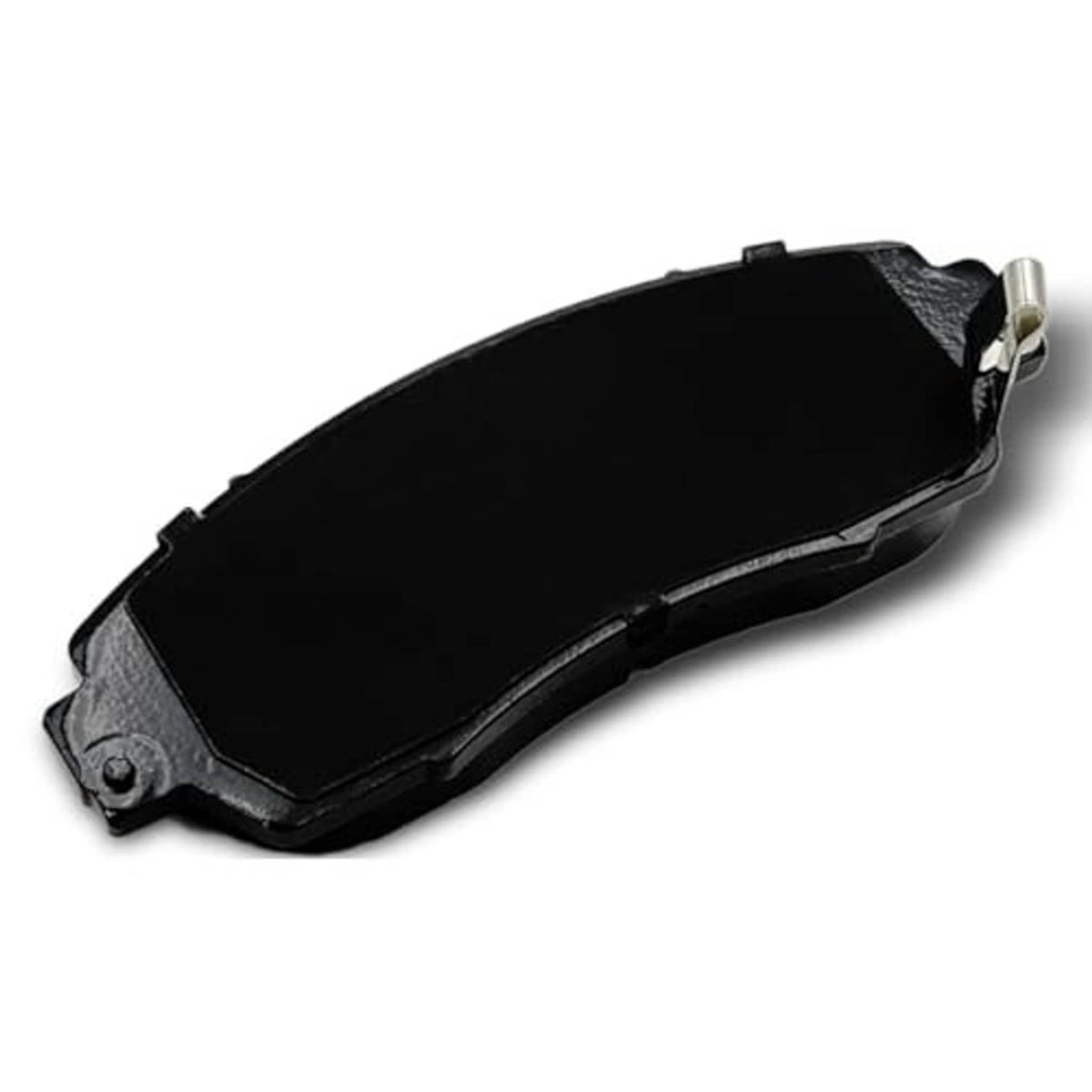 Single ceramic brake pad with dark friction surface and black metal backing, side mounting hole