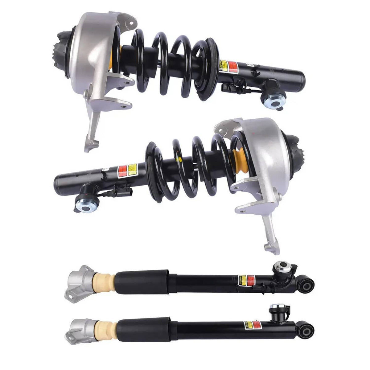 Electronic shock strut assemblies with coil springs, steering arm brackets, and black housings