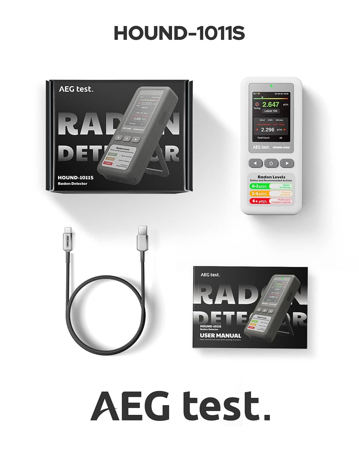 Portable radon detector kit: box, user manual, and USB cable