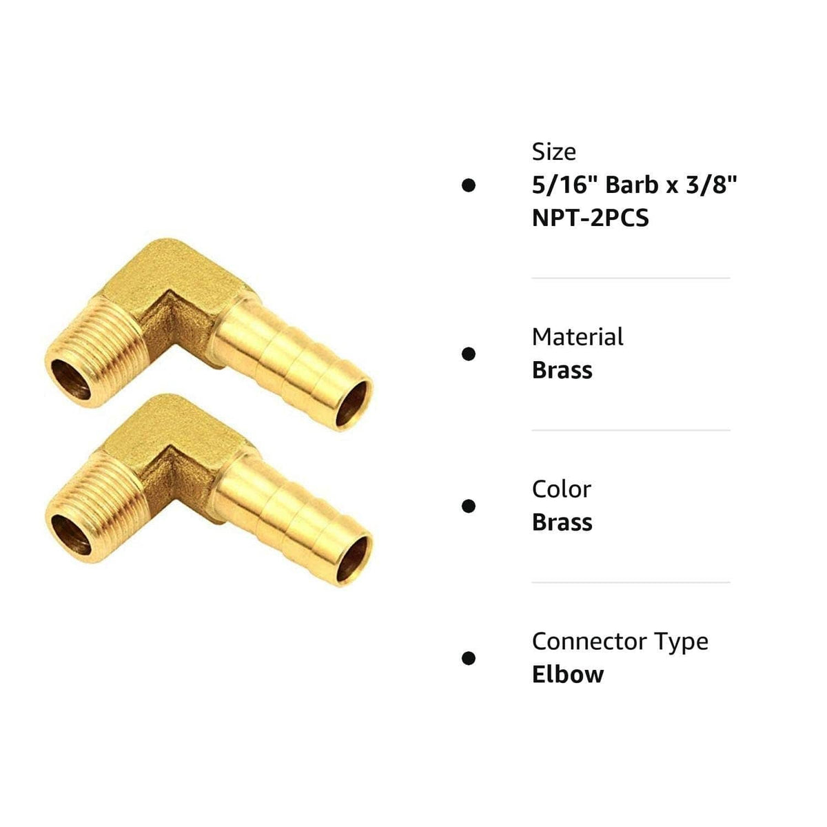 Brass 90° elbow hose fittings, 5/16in barbed x 3/8in NPT, 2-pack, specs shown