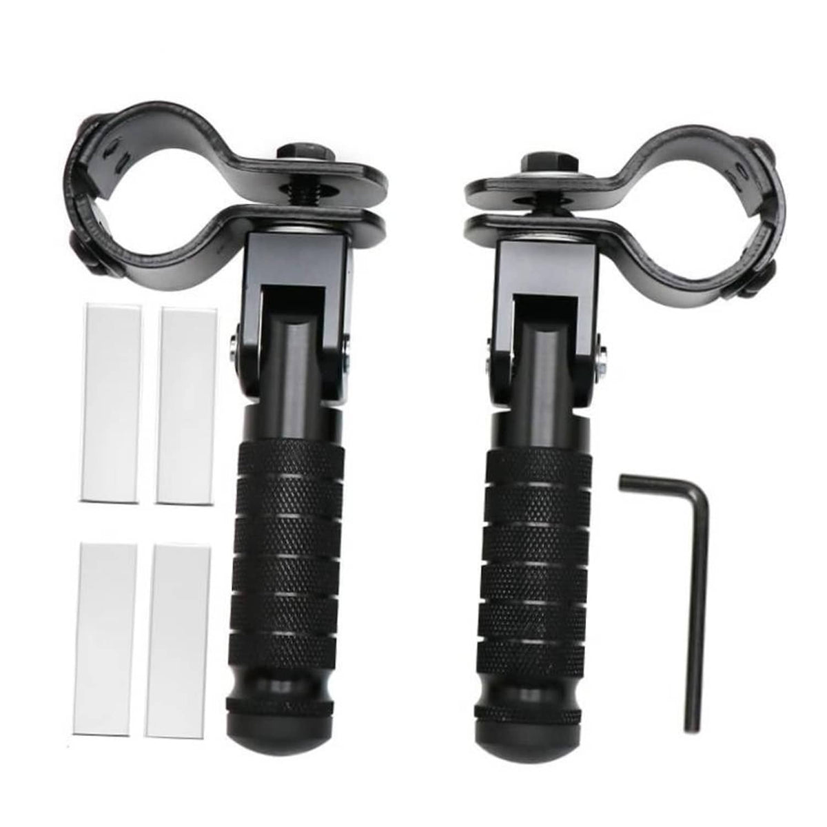 Pair of black foldable motorcycle foot rests with textured grips and mounting brackets