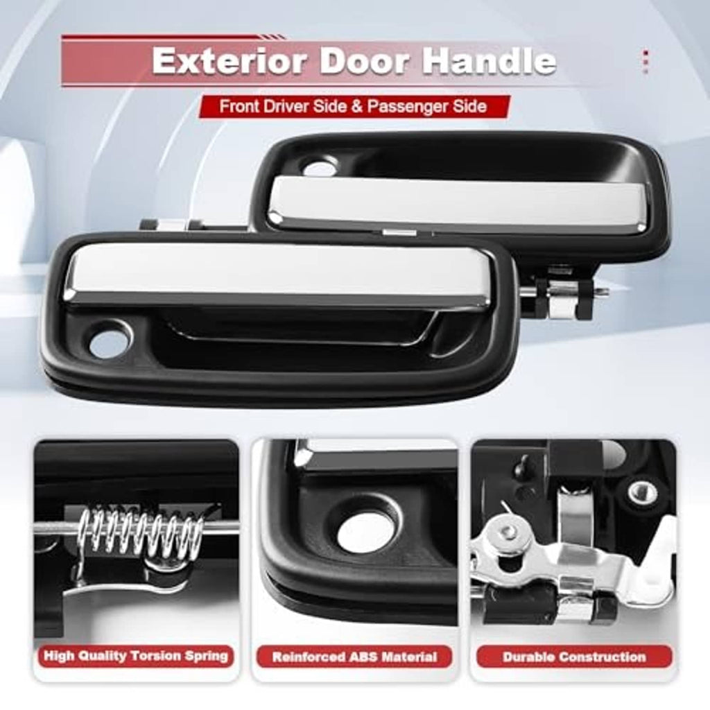 Exterior door handle with torsion spring and bracket details, chrome and black design