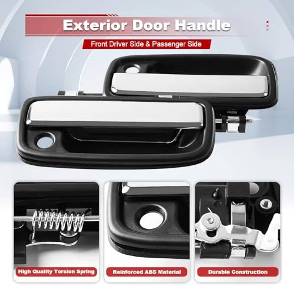 Exterior door handle with torsion spring and bracket details, chrome and black design