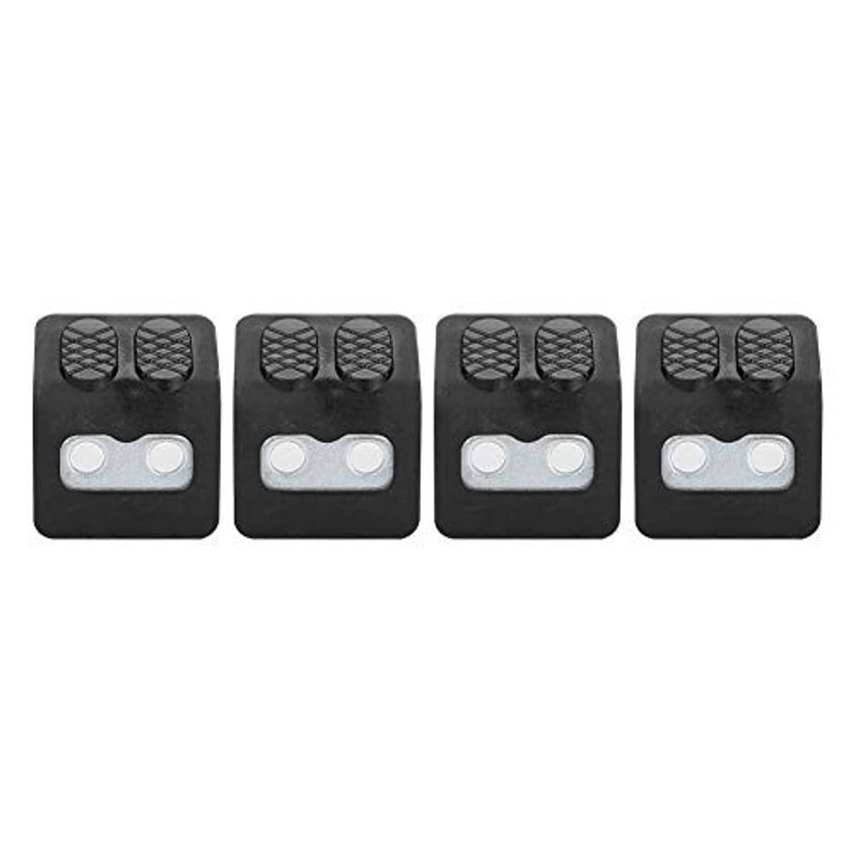 Four black tire rim jaw covers with textured pads and silver double-hole backing