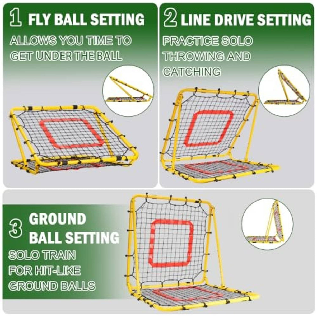 Yellow baseball rebounder net with red square target panel and black mesh base mat