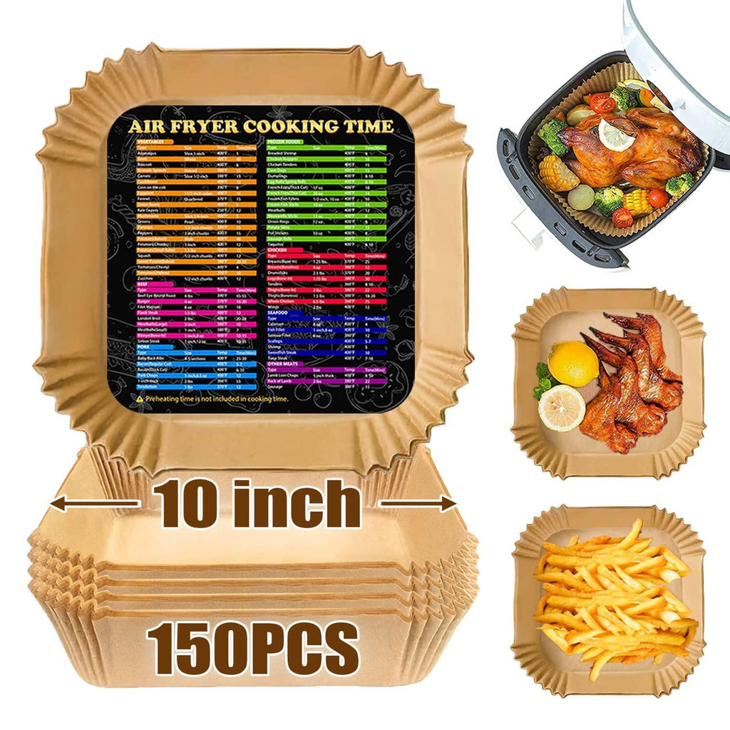 Square 10-inch air fryer paper liners, 150-count set in wood color