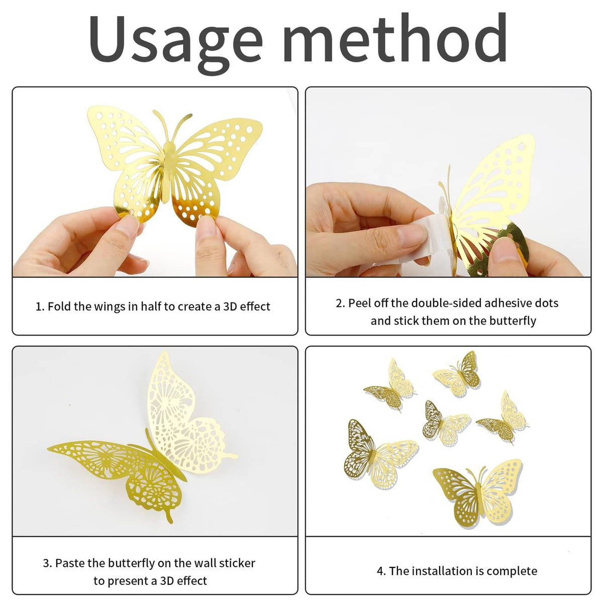 Steps for applying gold 3D butterfly wall stickers: fold, peel, and press