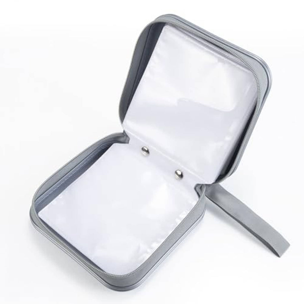 Gray hard plastic DVD case opened to reveal white inner compartments and zip