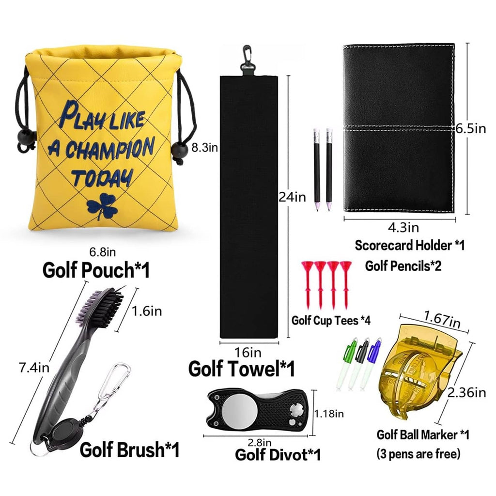 Yellow drawstring golf pouch with "Play Like a Champion Today" print, shown with accessories.