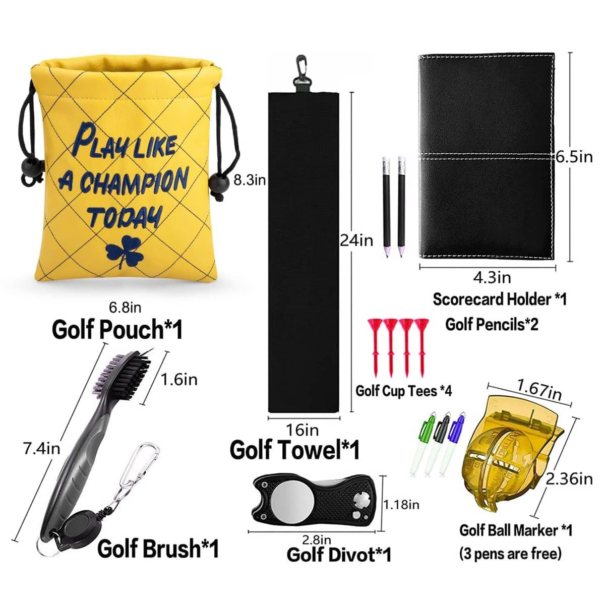 Yellow drawstring golf pouch with "Play Like a Champion Today" print, shown with accessories.