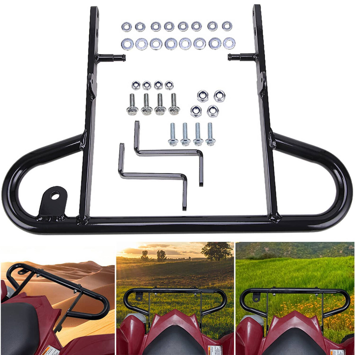 Rear steel wide grab bar bumper for ATV, black finish, with mounting hardware and bolts