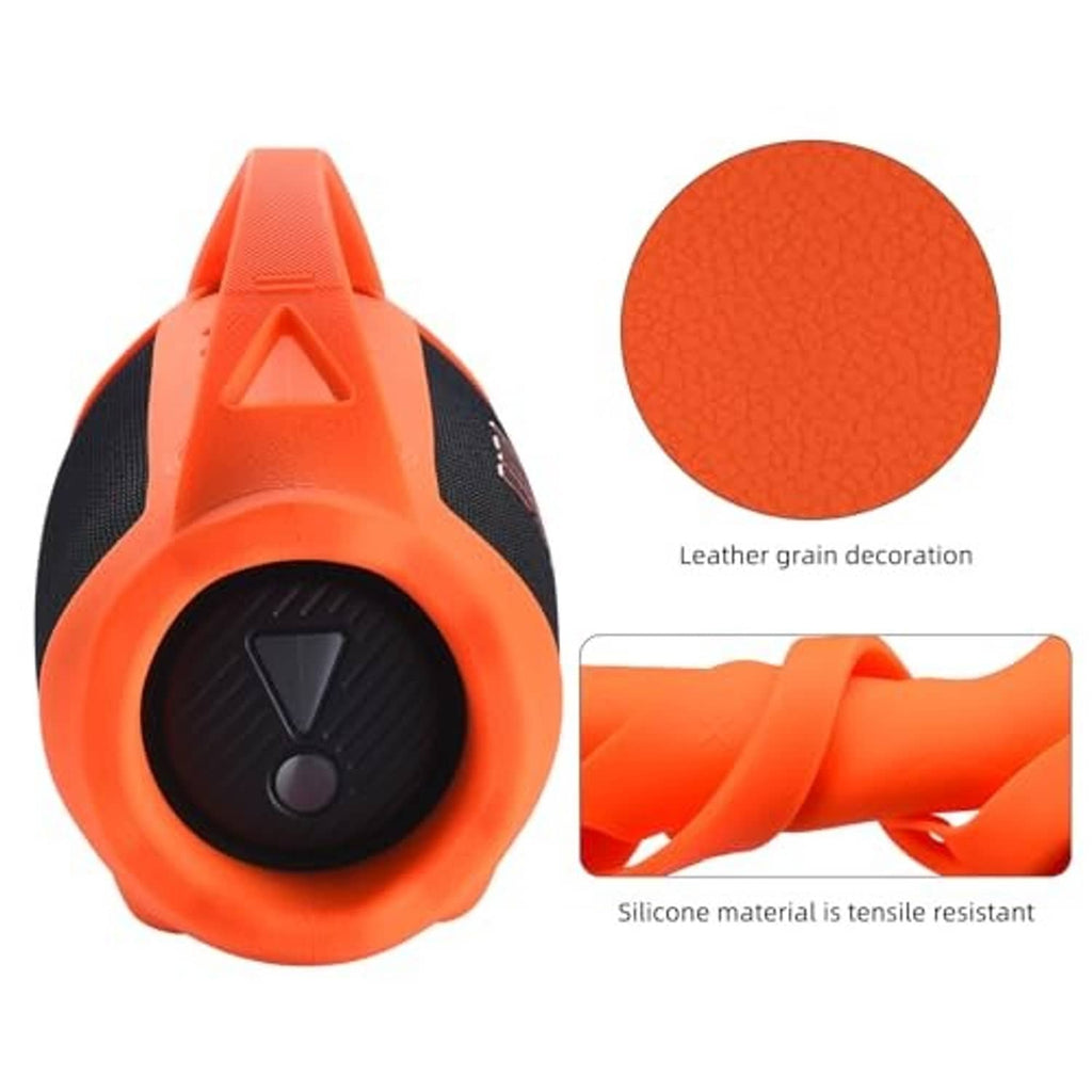 Orange silicone speaker case with textured surface and black circular control area