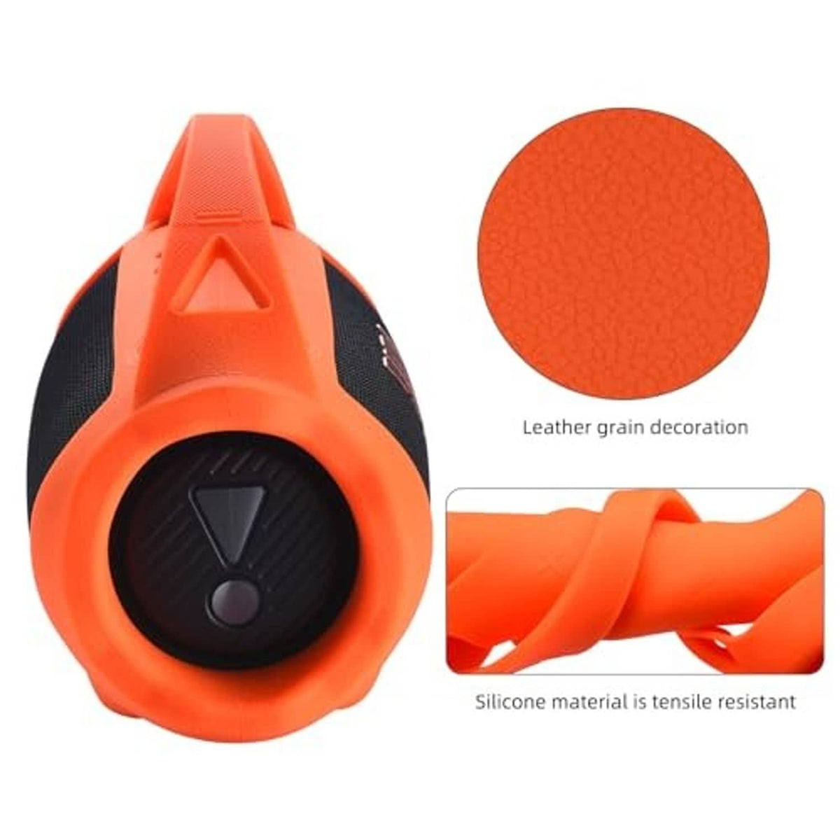 Orange silicone speaker case with textured surface and black circular control area