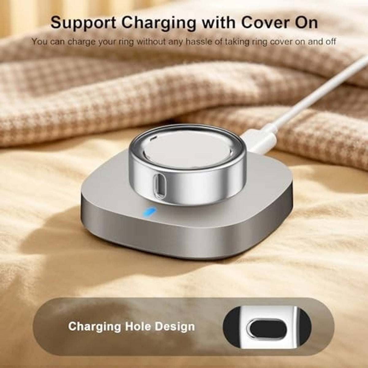 Silver smart ring cover fitted on charging dock base with side charging port